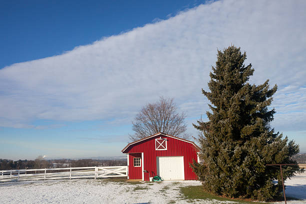 istock Small Red Shed Winter Morning 460574139