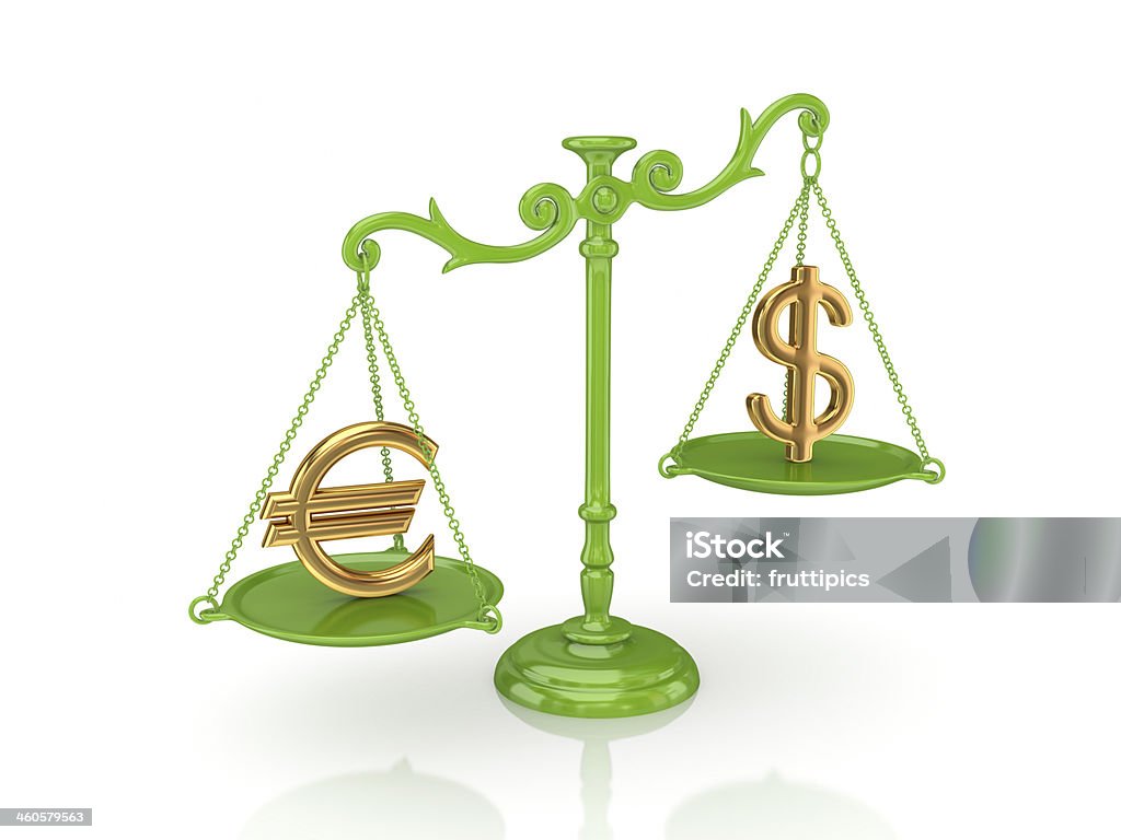 Golden dollar and euro signs on a green scales. Golden dollar and euro signs on s green scales.Isolated on white background.3d rendered. Analyzing Stock Photo