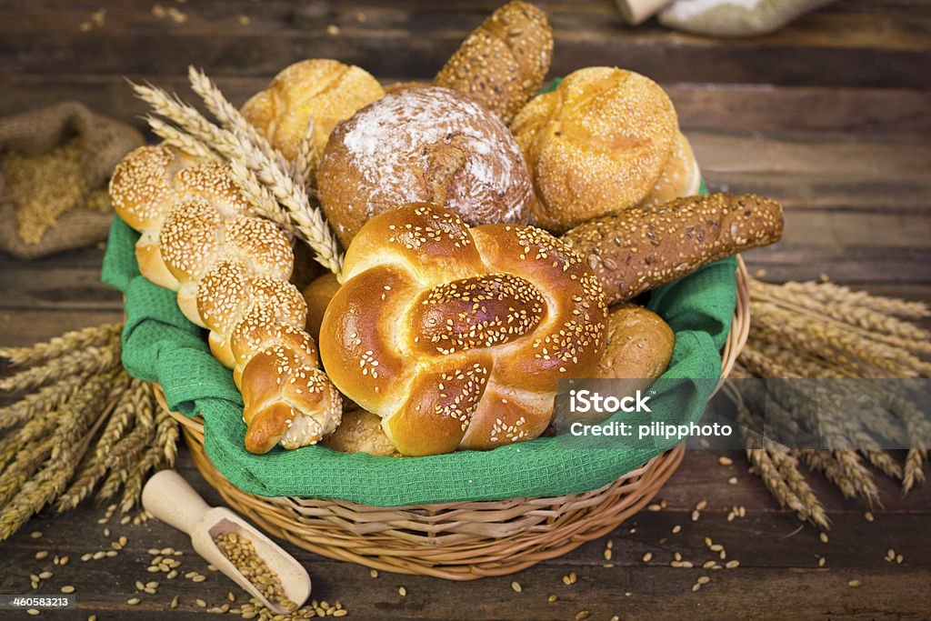 Bread and pastry in the basket Backgrounds Stock Photo