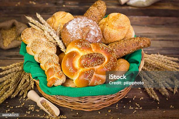 Bread And Pastry In The Basket Stock Photo - Download Image Now - Backgrounds, Baguette, Baked Pastry Item