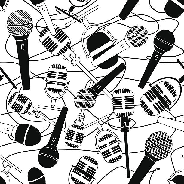 nahtlose muster mit mikrofonen - interview stock-grafiken, -clipart, -cartoons und -symbole