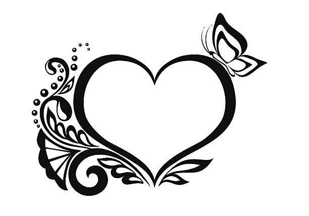 illustrations, cliparts, dessins animés et icônes de noir et blanc symbole du coeur avec motif floral et papillon. - valentines day love single flower flower