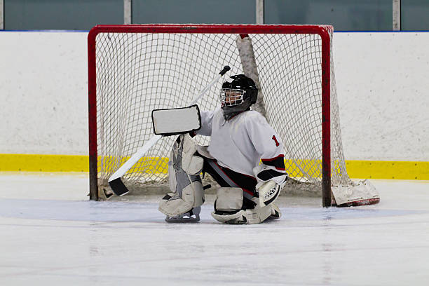 istock Ice hockey goaltender in front of net 460632071