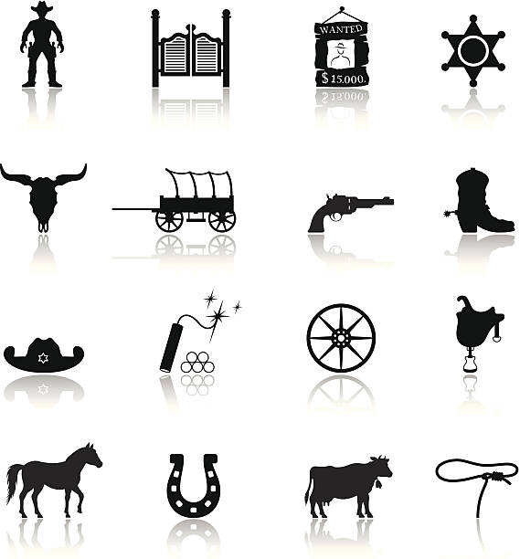 ilustrações de stock, clip art, desenhos animados e ícones de conjunto de ícones de cowboys do faroeste - cowboy hat hat wild west black