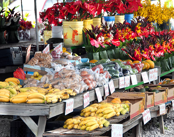 Fresh Flowers on Big Island Hilo's Farmer's Market is filled with fruits and vegetables and buckets and bouquets of fresh cut tropical flowers. agricultural fair stock pictures, royalty-free photos & images