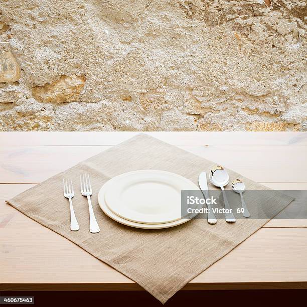 Tableware For Dinner Plates And Forks Stock Photo - Download Image Now - Banquet, Breakfast, Carpet Sample