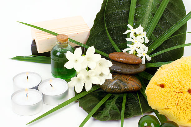 istock Accessories for spa with flowers of jasmine 460744703