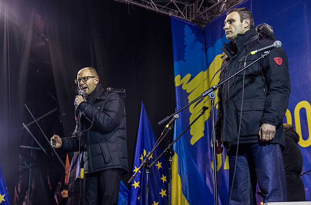 Kiev, Ukraine - December 5, 2013:Leader of the Ukrainian party Batkivshyna party leader Arseniy Yatsenyk speaks duringt he rally of the opposition on Independence Square in Kiev on December 5, 2013.