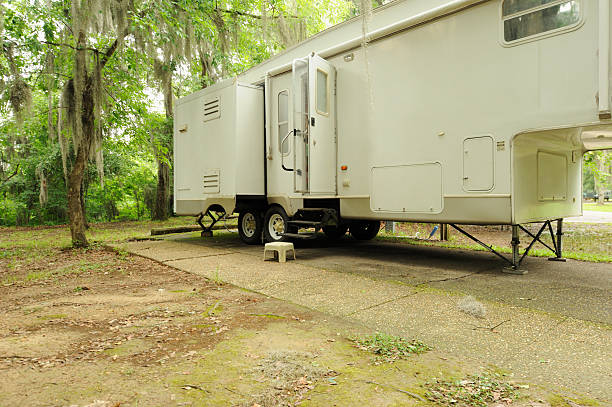 istock RV Fifth Wheel in wooded campsite 460759471