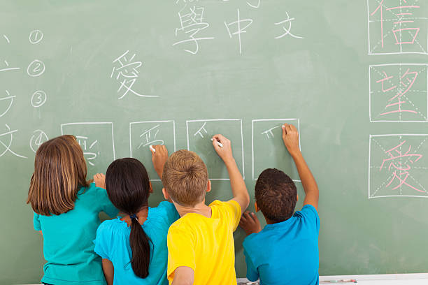 rear view of students learning chinese writing on chalkboard rear view of elementary school students learning chinese writing on chalkboard chinese script photos stock pictures, royalty-free photos & images