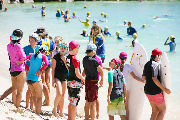 Surf pupils at cottesloe beach in Perth, Australia Perth, Australia - March 1, 2013: Lots of pupils are waiting for their surf lesson at the fantastic beach of Cottesloe in Perth, Western Australia. Other pupils are already training in the water, wearing yellow caps. cottesloe beach stock pictures, royalty-free photos & images
