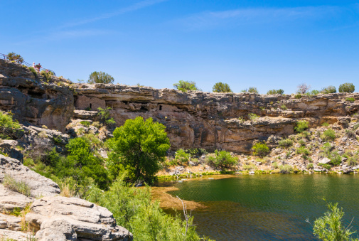 Montezuma Well is part of Montezuma Castle National Monument in Arizona, USA. Ancient cliff dwelling is visible on the left side of the photograph.