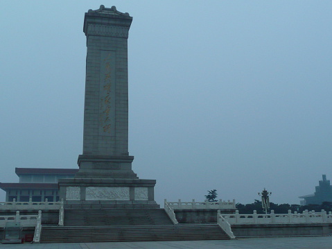 Beijing, China – May 25, 2012: Monument to the People's Heroes at Tiananmen Square. Tiananmen Square (Gate of Heavenly Peace) is a main tourist destination in Beijing, China.
