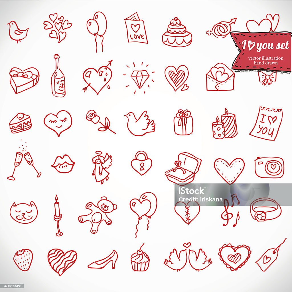 Doodle icon set isolated drawn in red on white paper I love you doodle icon set isolated, vector illustration hand drawn Wedding stock vector