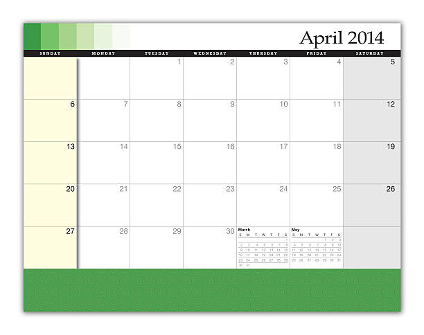 April 2014 Calendar 3D rendering of an April 2014 Calendar. Design and texture was created by the artist for this image. 2014 stock pictures, royalty-free photos & images