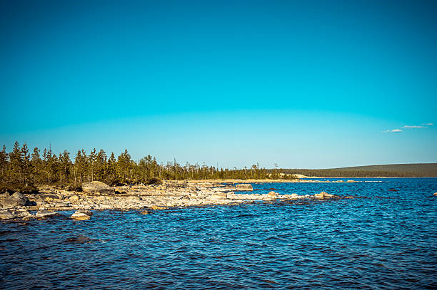 lago imandra e tundra floresta de paisagem do norte - uncultivated meteorology weather sea imagens e fotografias de stock