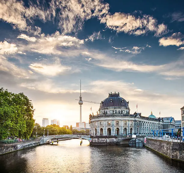 Berlin, Germany view of Museum Island and Television Tower just after sunrise.