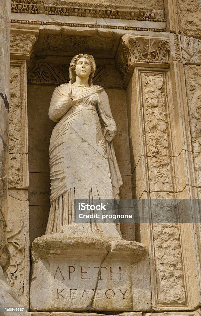 Arete in Ephesus, The Virtue Statue of Arete in the personification of "The Virtue" at the Library of Celsus, in Ephesus, Turkey. Ancient Stock Photo