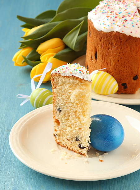 istock Slice of easter bread with colorful eggs and yellow tulips 460870595