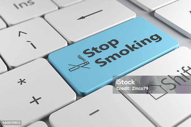 Keyboard Close Up View With Blue Button Stop Smoking Stock Photo - Download Image Now