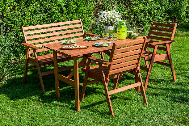 Garden furniture on grass.
