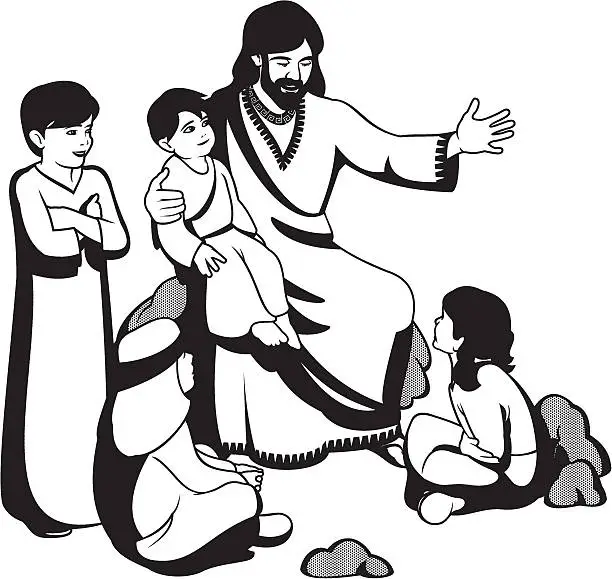 Vector illustration of An illustration of Jesus Christ together with four children