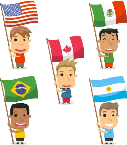 Vector illustration of Flag Bearer Kids from America Mexico Canada Brazil Argentina