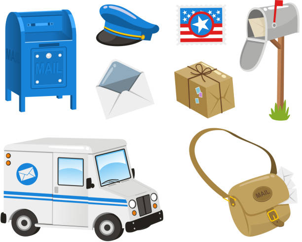 illustrazioni stock, clip art, cartoni animati e icone di tendenza di mail post timbro set di borsa envelope pacchetto van - postal worker delivering mail post office