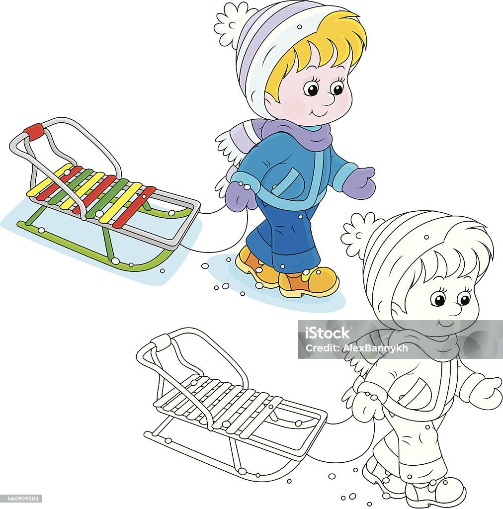 Child walks with a sleigh Little boy or girl goes and carries sled Animal Sleigh stock vector