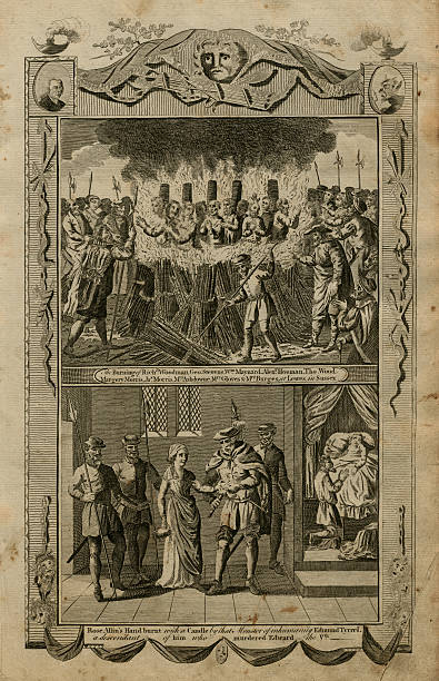 Martyrs in Lewes, Sussex The Burning of Richard Woodman, George Stevens, William Maynard, Alexander Hosman, Thomas Wood, Margery Morris, Lames Morris, Mrs Ashdowne, Mrs Gloves (or Groves/Gloues) and Mrs Burgess at Lewes in Sussex, in 1557. essex england illustrations stock illustrations