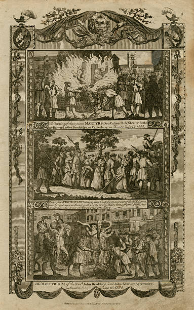 Martyrs in Canterbury, Colchester and Smithfield The Burning of George Catmer, Robert Sheater, Anthony Burward and George Broadridge at Canterbury, Kent, in 1555. protestantism photos stock illustrations