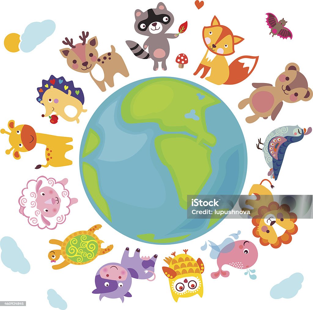 AnimalsWorld Cute animals walking around globe, Save animals emblem, animal planet, animals world. Africa stock vector