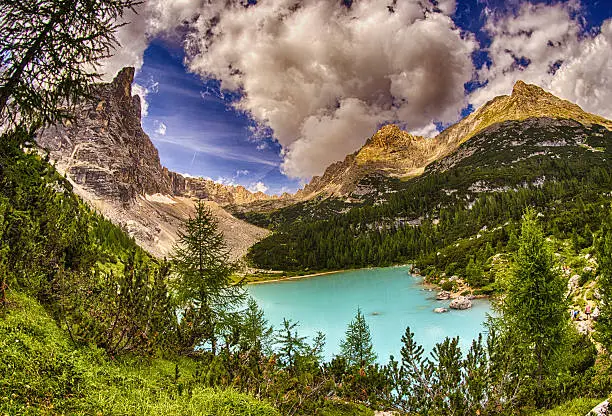 Alpin lake Sorapis - Italian Dolomites stunning landscape.