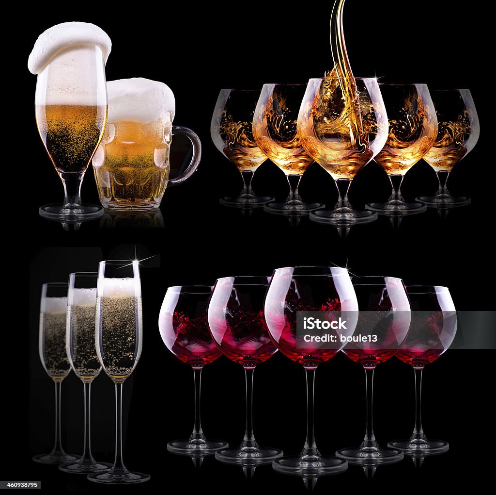 set with different drinks on black background set with different drinks on black background - champagne, beer, cocktail, wine, brandy, whiskey, scotch, vodka, cognac Alcohol - Drink Stock Photo