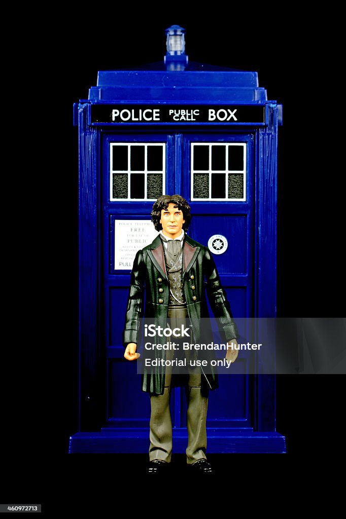 Oft Forgotten Vancouver, Canada - May 21, 2013: A toy of the Doctor from Doctor Who in front of a toy TARDIS. The TARDIS is the Doctor's main form of travel, a time machine and spaceship that is larger on the inside. Doctor Who is created by the BBC. Alien Stock Photo