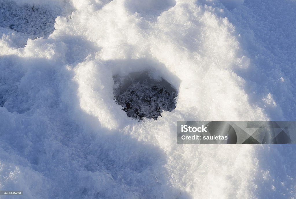 Closeup frozen fishing ice hole winter lake shadow Closeup of frozen fishing ice hole on winter lake in evening sunlight shadows. Arctic Stock Photo