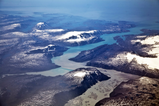 birds view from the plane to the glaciers and mountains of the arctic area around greenland, Muffin Bay