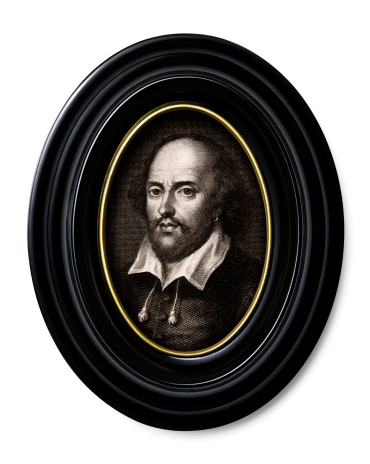 Engraving of the English writer and poet William Shakespeare (1564-1616), placed in a vintage bakelite frame - in the style of an old ancestral picture. Illustration from a bound edition of the German journal Blatter aus der Gegenwart, published in Leipzig 1832.