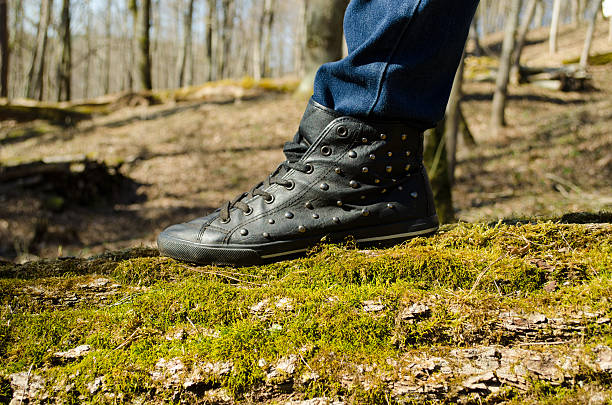 istock human leg stand walk mossy tree trunk forest park 461053251