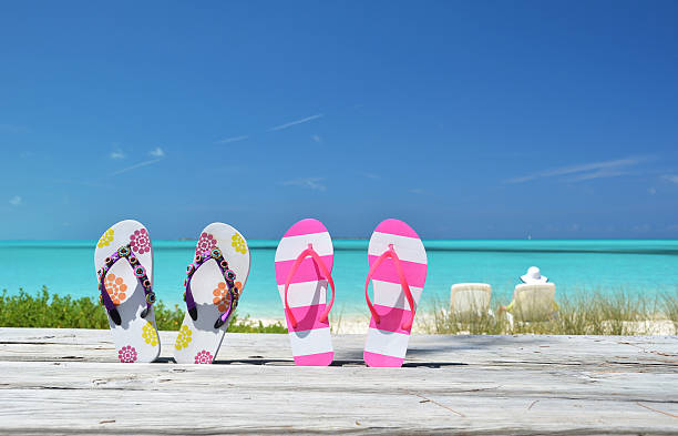 istock Two pairs of flip-flops against ocean 461057099