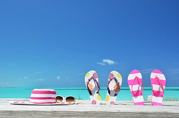 istock Two pairs of flip-flops against ocean 461057189