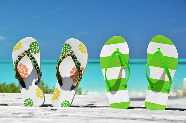 istock Two pairs of flip-flops against ocean 461057503