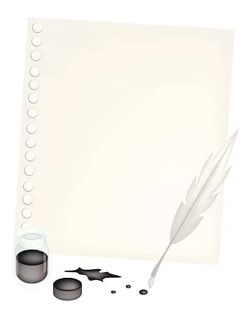 Vector illustration of Blank Paper with An Inkwell and Feather