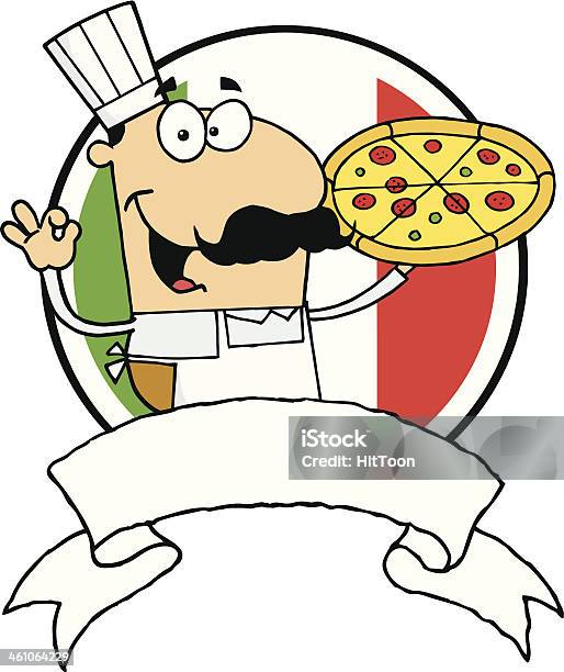 Happy Chef Holding A Pizza With Background Stock Illustration - Download Image Now - Adult, Adults Only, Banner - Sign