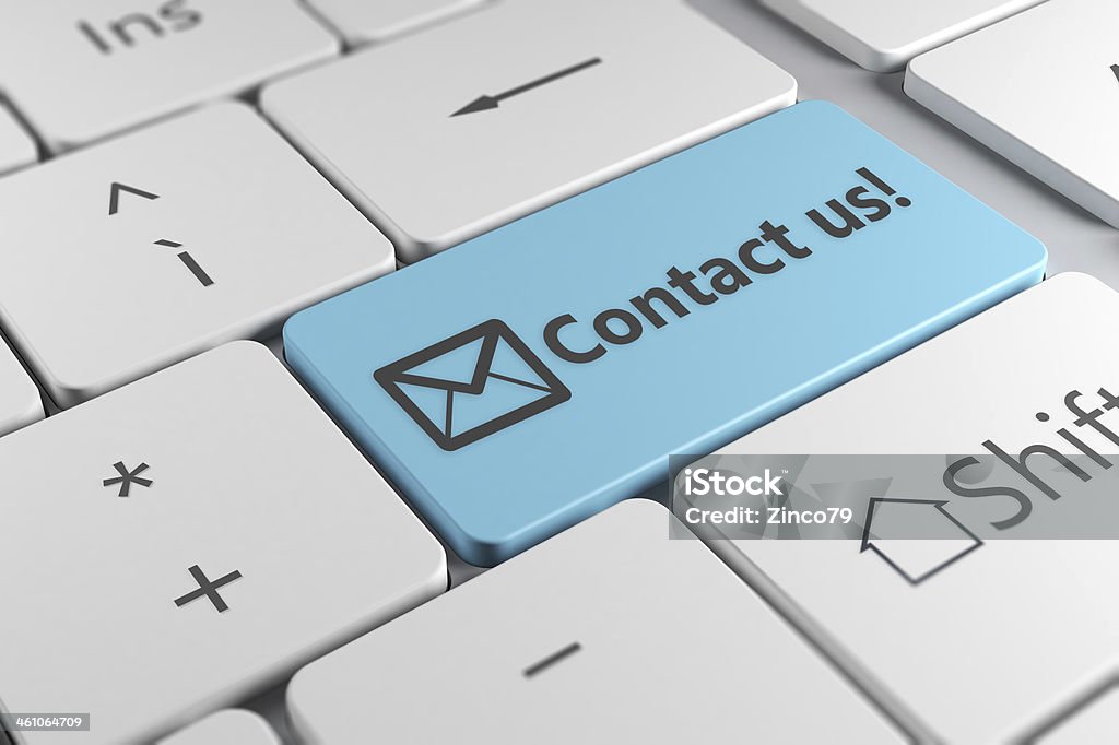 Botão azul entre em contato conosco em um teclado branco - Foto de stock de E-mail royalty-free