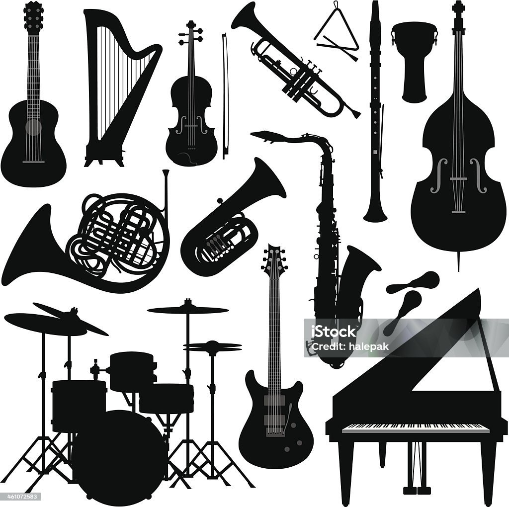 Music instruments silhouette JPG and EPS. Vector. In Silhouette stock vector