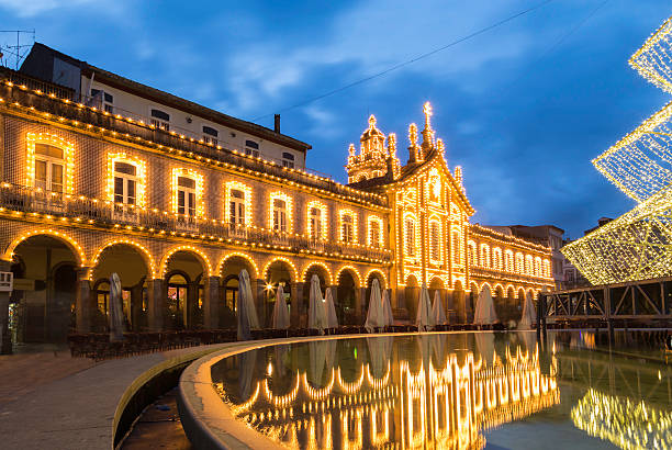 Building seen here decorated with christmas lights in Braga city in northern Portugal.