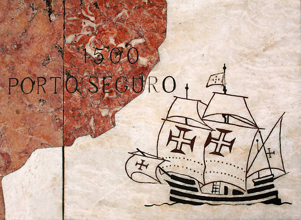 Portuguese Caravel, inscribed in marble paving. Lisbon. Portugal, Lisbon, Belem. Detail of huge wind rose laid in marble depicting the Portuguese discovery expeditions - Caravel "caravela", arriving at Port Seguro Brazil traditionally portuguese stock pictures, royalty-free photos & images