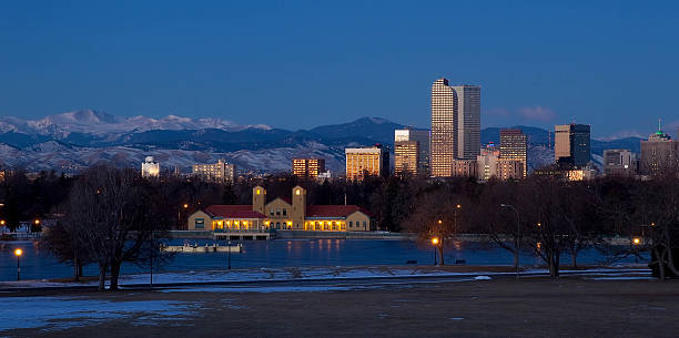 Denver City Park in the Winter Eary morning sunrise on Denver City Park in the winter with a frozen lake ice lakes colorado stock pictures, royalty-free photos & images