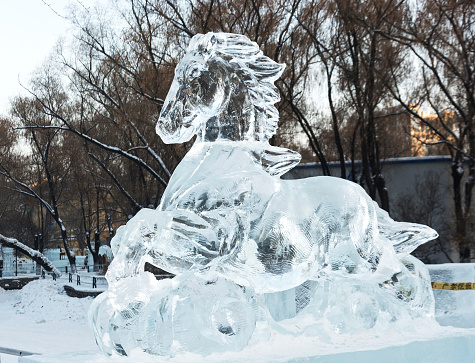 Harbin, China - December 27, 2013: Ice Horse of Harbin Ice-Lantern Show. Located in Harbin City, Heilongjiang Province, China.